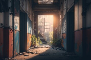 Poster - A Hallway With A Light Coming Through The Ceiling And A Set Of Stairs Abandoned Warehouse In The Afternoon Light Environmental Art Industrial Photography Generative AI 