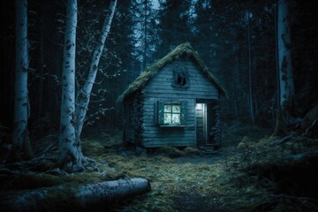 Poster - A Cabin In The Woods With A Window And A Door Lit Up Rustic Mountain Cabin Interior In Winter Forest At Night Color Photography Color Photography Generative AI 