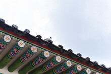 Spotted Pigeon On Colorful Wooden Rafter Of Traditional Architecture
