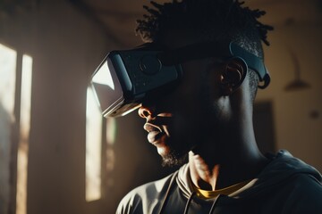 Poster - A Man Wearing A Pair Of Virtual Glasses In A Room With Sunlight Coming Through The Window Workshop Stereoscopic Photography Virtual Reality Generative AI 