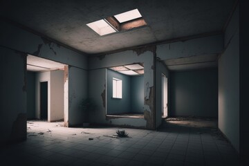 Poster - A Room With A Window And A Door In It That Is Missing Abandoned Warehouse Interior Architectural Photography Facility Management Generative AI 
