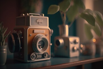Poster - A Camera And A Potted Plant On A Table In A Room Tv Studio Stereoscopic Photography Film Generative AI 