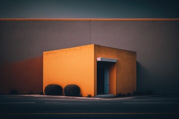 Poster - A Yellow Building With Two Round Bushes In Front Of It And A Door Motel Minimalism Color Photography Generative AI 