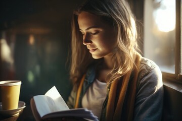 Poster - A Woman Reading A Book And Drinking A Cup Of Coffee In A Cafe Library Portrait Photography Literacy Education Generative AI 