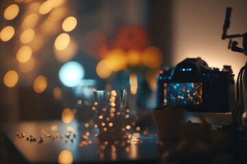 Poster - A Table With A Camera And A Glass On It With A Blurry Background Wedding Venue Long Exposure Photography Interior Photography Generative AI 