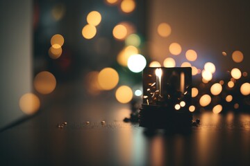 Poster - A Candle Is Lit On A Table With Many Lights In The Background Rustic Mountain Cabin Interior In Winter Forest At Night Long Exposure Photography Lighting Design Generative AI 