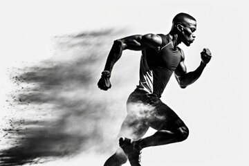 Poster - A Man Running In A Black And White Photo With Smoke Behind Him Sports Bar Sports Photography Sports Photography Generative AI 