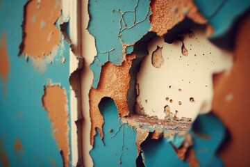 Poster - A Close Up Of A Peeling Paint On A Door With A Hole In The Middle Abandoned Warehouse Interior Found Object Art Property Management Generative AI 