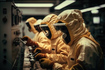 Poster - A Group Of People In Protective Gear Working On A Machine In A Factory Factory Documentary Photography Industrial Photography Generative AI 