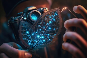 Poster - A Person Holding A Camera And A Leaf With Lights On It Power Plant Macro Photography Scientific Photography Generative AI 