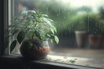 Poster - A Potted Plant Sitting On A Window Sill In The Rain Rainforest Photorealism Green Living Generative AI 