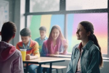 Poster - A Group Of Children Sitting At A Table In A Classroom With A Window Classroom Advertising Photography Life Insurance Generative AI 