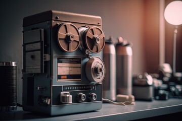 Poster - A Vintage Camera Sitting On A Table Next To A Lamp And A Can Recording Studio Video Art Sound Design Generative AI 