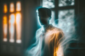 Poster - A Man Standing In Front Of A Window With A Blurry Image Of Him Workshop Long Exposure Photography Energy Healing Generative AI 