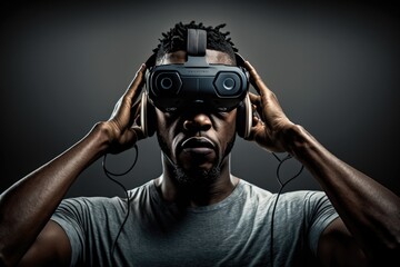 Poster - A Man With Headphones On His Ears Is Looking At The Camera River Stereoscopic Photography Consumer Electronics Generative AI 