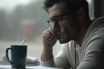Poster - A Man Sitting At A Table With A Cup Of Coffee And Pen Coffee Shop Film Making Screenwriting Generative AI 
