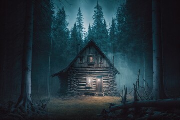 Poster - a cabin in the woods with a light on at the door rustic mountain cabin interior in winter forest at 