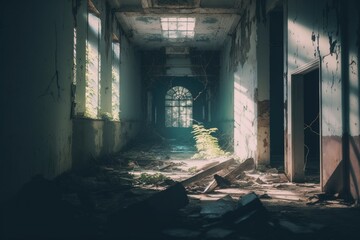Poster - A Run Down Building With A Window And A Door In The Middle Abandoned Warehouse Interior Long Exposure Photography Hospital Administration Generative AI 