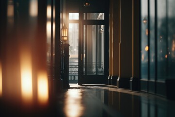 Poster - A Hallway With A Light Shining Through The Glass Doors And A Light Shining Through The Glass Doors Old European Palace Fine Art Photography Interior Photography