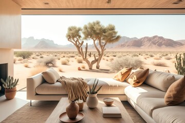 Poster - A Living Room With A Couch And A Table With A Potted Plant Desert Photorealism Interior Design Generative AI 