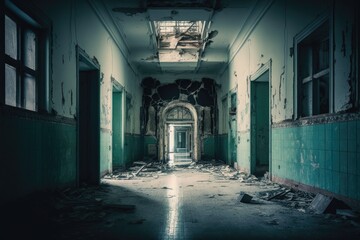 Poster - A Run Down Building With A Door And Windows In It's Center Hospital Documentary Photography Facility Management Generative AI 