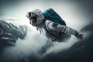 Poster - A Man In A White Jacket And Goggles Is In The Air Alpine Ski Run Advertising Photography Action Photography Generative AI 