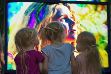 Poster - Three Little Girls Watching A Large Television Screen With A Woman On It Movie Theater Video Art Tvs Generative AI 