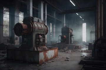Poster - A Factory With A Lot Of Machinery Inside Of It And Smoke Coming Out Of The Stacks Abandoned Factory Interior Photorealism Industrial Photography