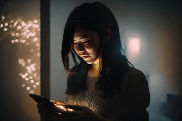 Poster - A Woman Looking At Her Phone In The Dark With A Light Shining On Her Library Portrait Photography Fraud Prevention Generative AI 