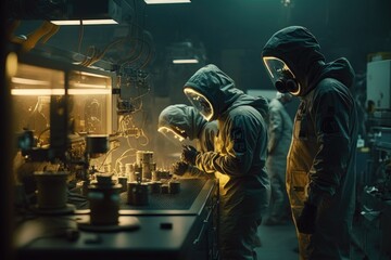 Poster - Two People In Protective Gear Working In A Lab With A Yellow Light Factory Advertising Photography Industrial Photography Generative AI 