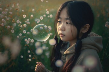Poster - A Young Girl Blowing Bubbles In A Field Of Flowers With A Sun Shining Behind Her Orchard Color Photography Digital Photography Generative AI 