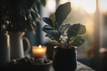 Poster - A Potted Plant Sitting On Top Of A Table Next To A Candle Rustic Farm Interior Environmental Art Green Living Generative AI 