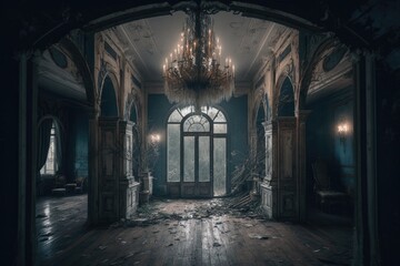 Poster - A Room With A Chandelier And A Large Window In It Old European Palace Rococo Set Design Generative AI 