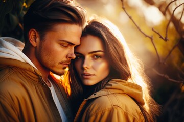 Poster - A Man And A Woman Are Standing Close Together In The Woods Desert Sand Dunes At Golden Hour Portrait Photography Portrait Photography