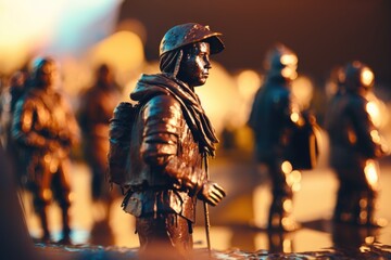 Poster - A Group Of Bronze Statues Of Soldiers On A Table Top With A Blurry Background Monument Bronze Casting War Generative AI 