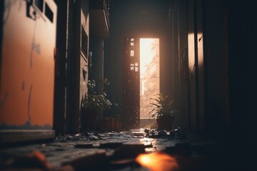 Poster - a hallway with a door open and a plant in the corner city alleyway photorealism environment generati
