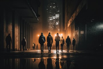 Poster - A Group Of People Walking Down A Street At Night In The Rain Urban Street Street Photography Urban Life Generative AI 