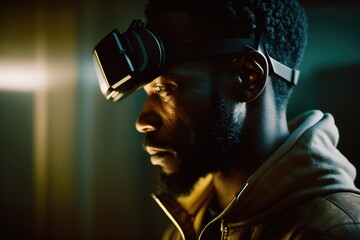 Poster - A Man Wearing A Pair Of Headphones And A Hoodie Construction Site Stereoscopic Photography Virtual Reality Generative AI 