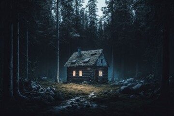 Poster - A Cabin In The Woods With A Light On At The Door Rustic Mountain Cabin Interior In Winter Forest At Night Fine Art Photography Fine Art Photography Generative AI 