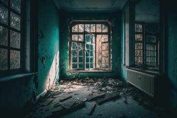Poster - A Run Down Room With Broken Windows And Debris On The Floor Abandoned Building Architectural Photography Interior Design Generative AI 