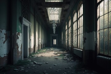 Poster - a dark hallway with windows and a ceiling fan in it with a light shining through the windows abandon