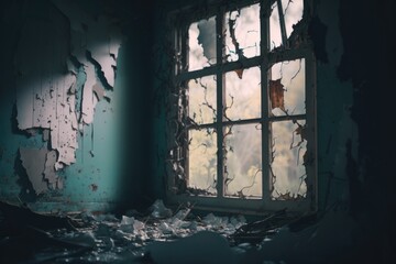Poster - A Window In A Run Down Building With Broken Glass And Debris Abandoned Building Fine Art Photography Home Insurance Generative AI 