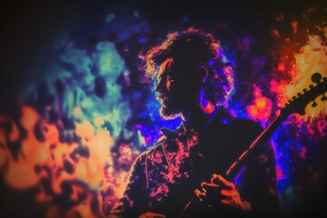 Poster - A Man Holding A Guitar In Front Of A Colorful Background Of Smoke Volcano Concert Photography Concert Photography Generative AI 