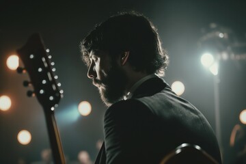 Poster - A Man With A Guitar In A Dark Room With Lights On Recording Studio Concert Photography Film Scoring Generative AI 