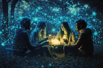 Poster - A Group Of People Sitting Around A Table With A Light In The Middle Urban Park In The Evening Advertising Photography Group Travel Generative AI 