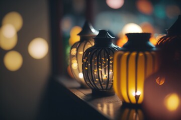 Poster - A Group Of Lanterns Sitting On Top Of A Table Next To A Window Seaside Boardwalk In The Evening With Lights Product Photography Lighting Design Generative AI 