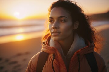 Poster - A Woman Standing On A Beach At Sunset With Her Hair Blowing In The Wind Seaside Boardwalk At Golden Hour Portrait Photography Holistic Health Coaching