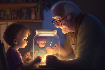 Poster - A Man And A Little Girl Looking At A Jar With A Light Inside Aquarium Photorealism Childhood Generative AI 