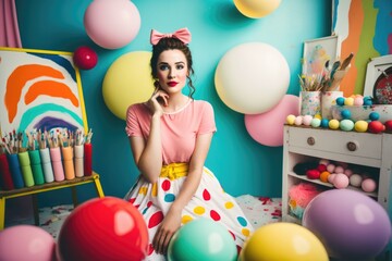 Poster - A Woman Sitting In A Room With Balloons And A Painting On The Wall Dance Studio Pin-up Photography Fashion Photography Generative AI 