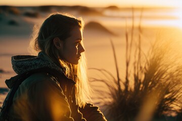Poster - A Woman Standing On A Beach At Sunset With A Backpack On Beach At Sunset Travel Photography Solo Travel Generative AI 